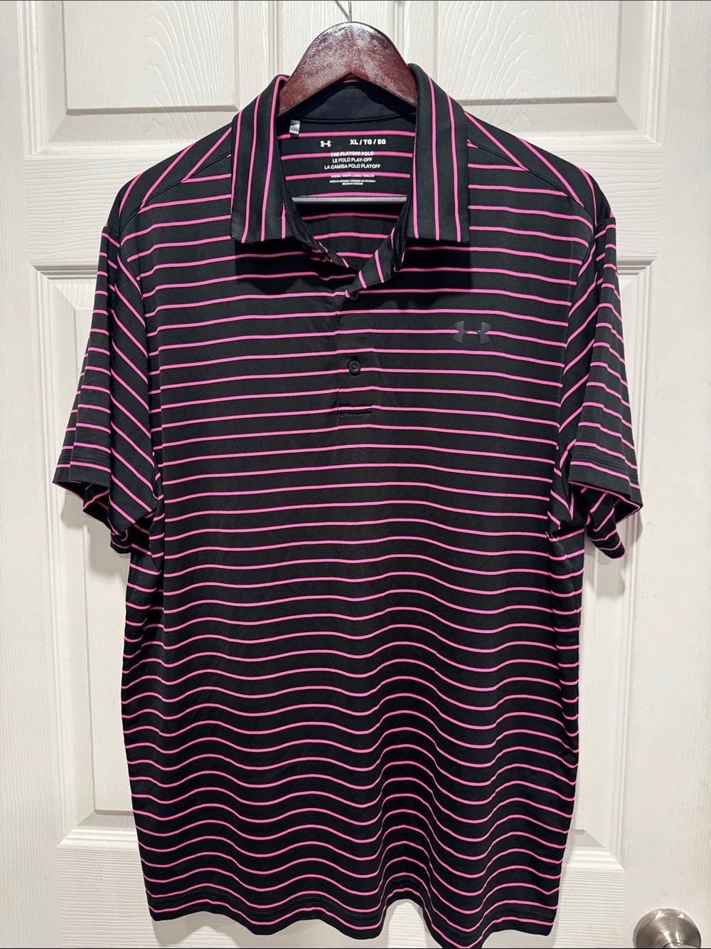 Under Armour Men’s Black Polo with Pink Stripe Pattern